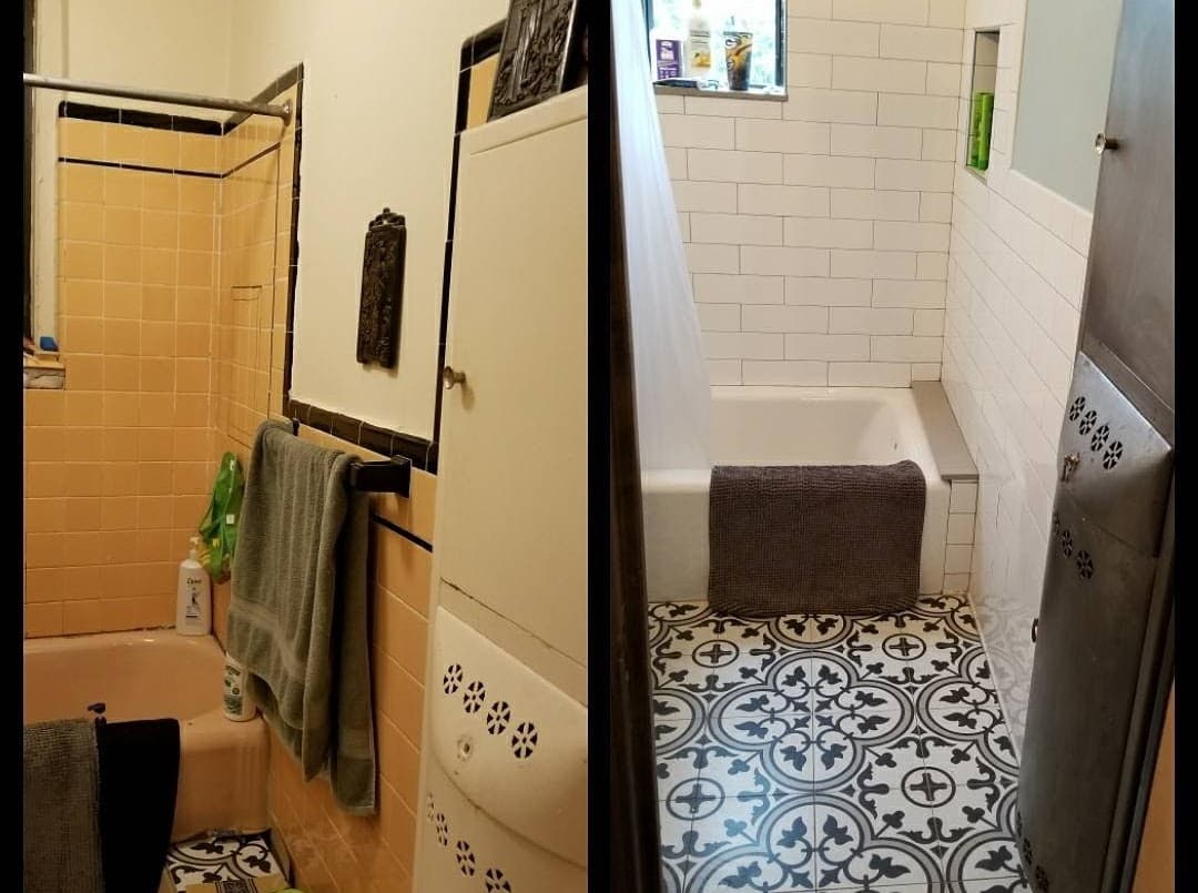Bathroom before renovation with brown tile